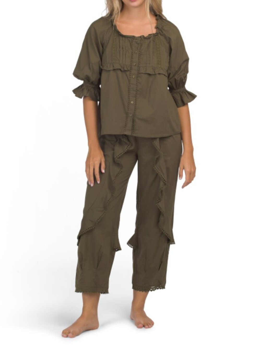 SAATVIK 2pc Cotton Cambric Boho Lounge Top And Pants Set